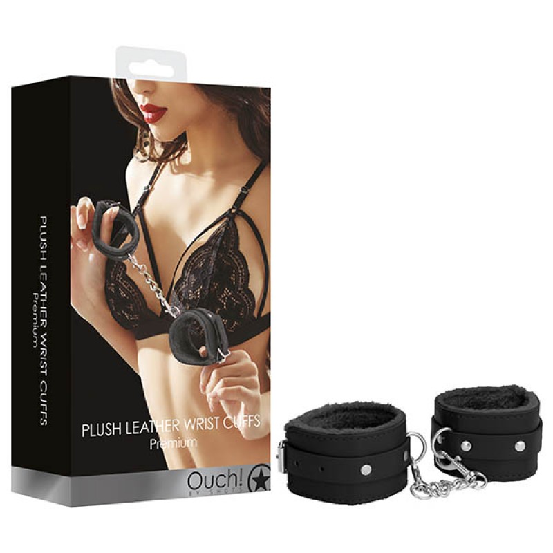OUCH! Plush Leather Hand Cuffs - Black